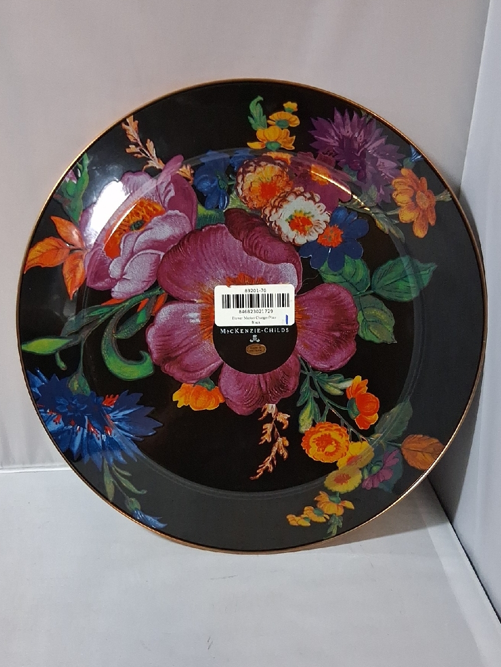Mackenzie-Childs 12 inch Black Flower Market chargers, set of 4 - Picture 3 of 15